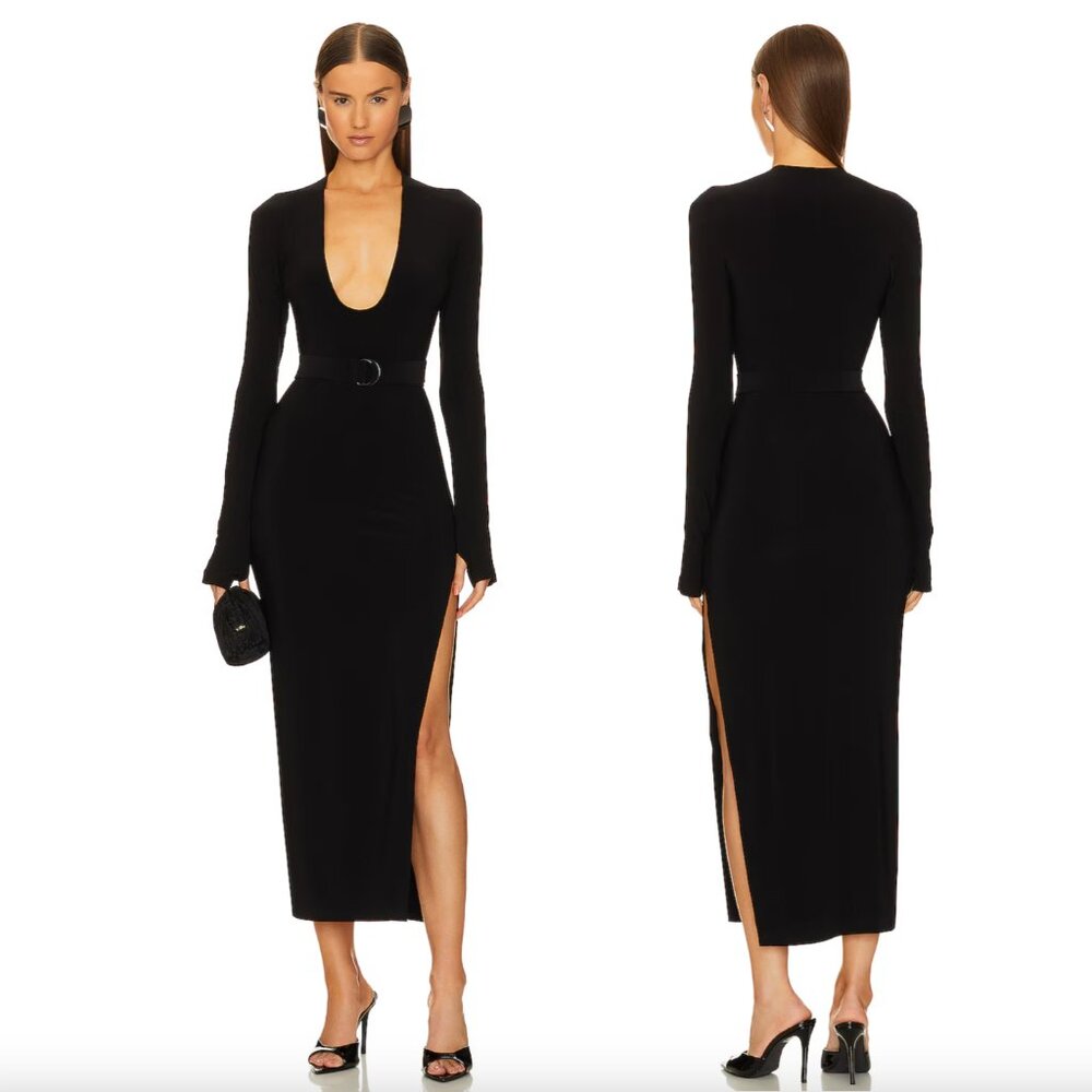Norma Kamali Long Sleeve Deep U Neck Side Slit Gown in Black Maxi Dress XS